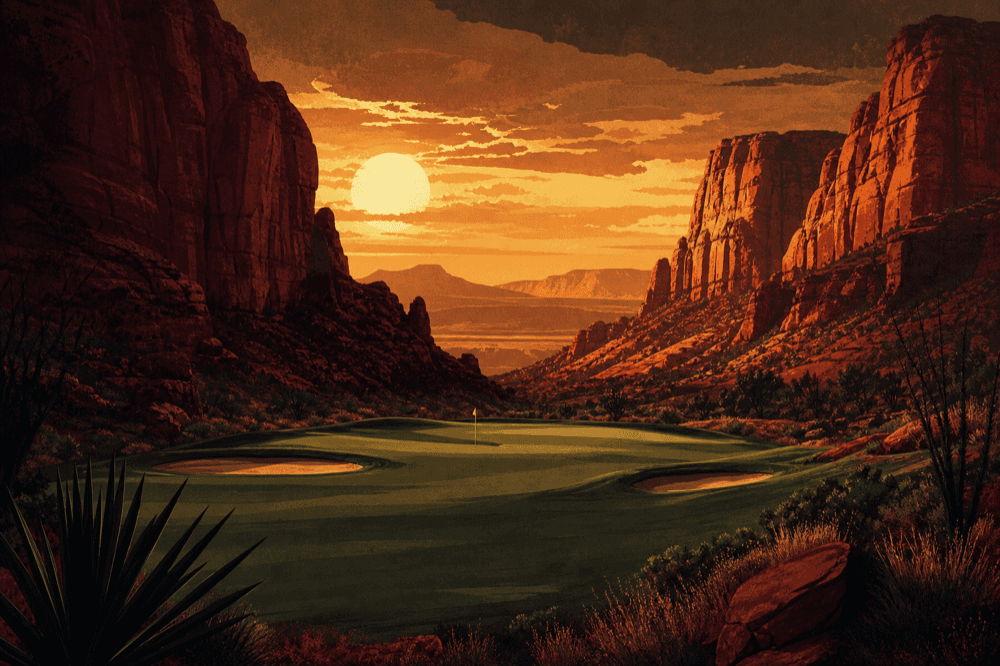 Stylized illustration hinting at Red Rock canyon golf — on-course photo to be added. Arroyo at Red Rock Golf Club.