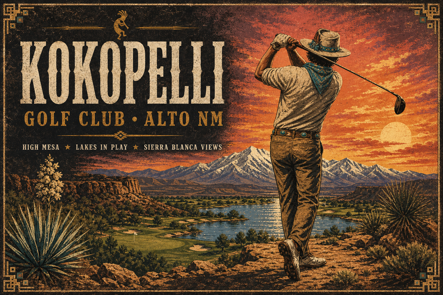 Vintage Western poster for Kokopelli Golf Club: stacked mesa typography, high-mesa golfer, lakes and Sierra Blanca.