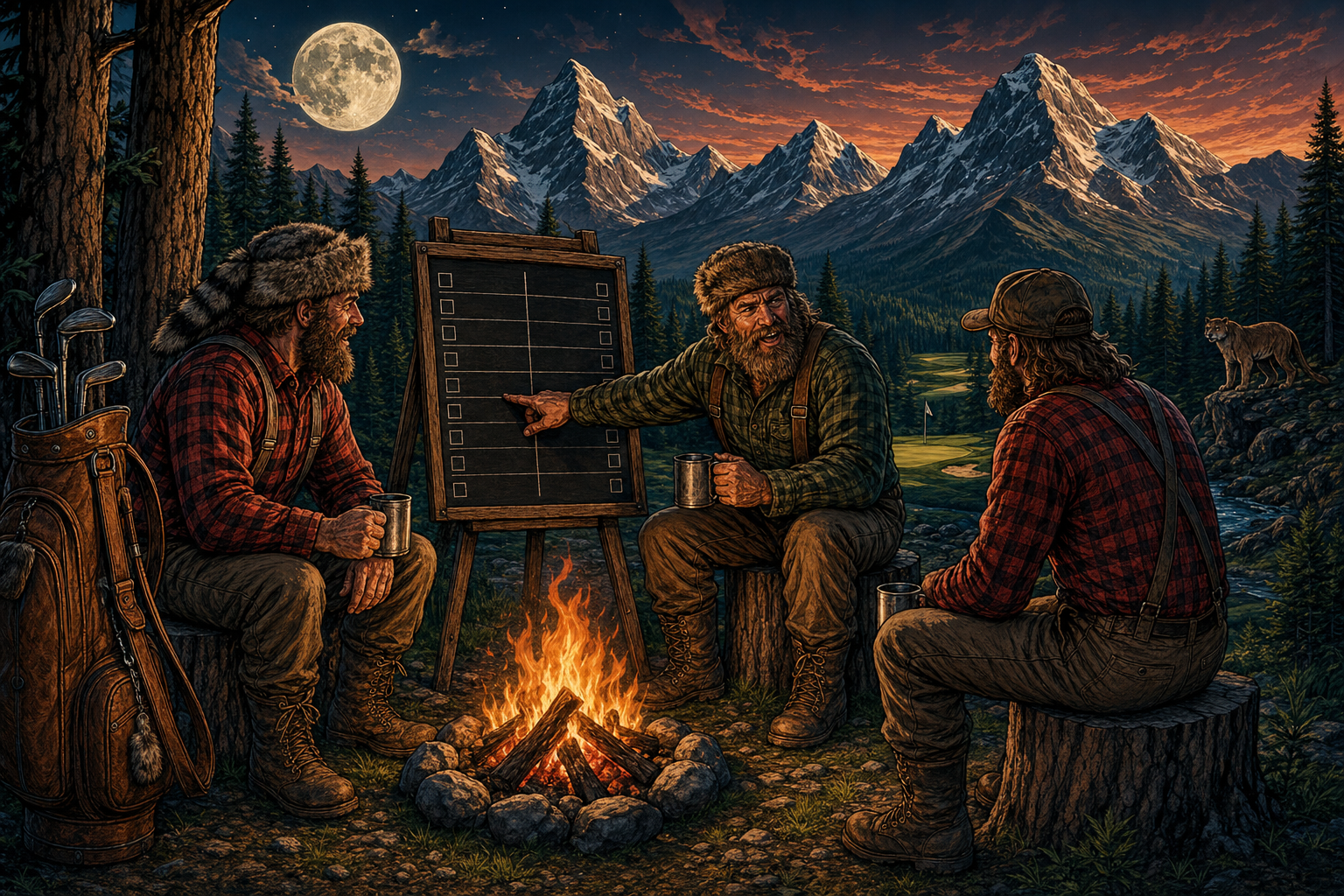 Mountain Man illustration in the same style as the site banner: bearded mountain men around a campfire at dusk, pine forest and peaks, golf bag and a draft board easel, mountain lion in the shadows—no poster lettering.